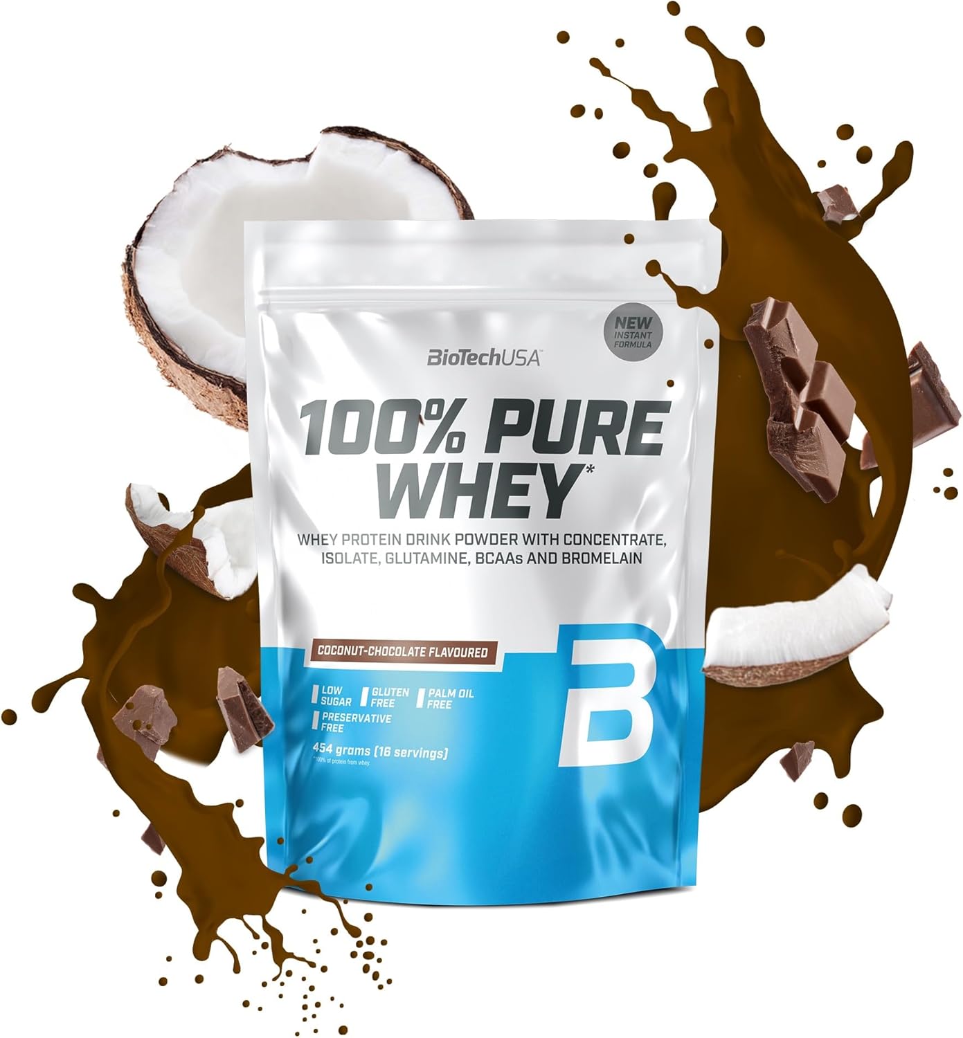 100% Pure Whey - Poudre de protéines avec BCAA et Glutamine - Sans gluten, sans huile de palme - 21g de protéines par portion, 454 g, Chocolat-Coco Chocolat-Coco 454 g (Lot de 1)