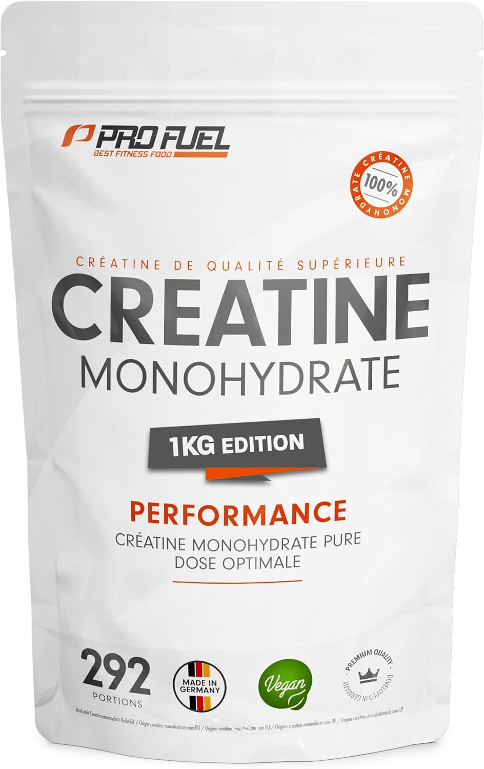 Créatine Monohydrate Poudre 1kg / 1000g créatine monohydrate pure de qualité micronisée - haut dosage efficace, optimal pour l‘entraînement de force, 100% végétalien, réserve pour 292 jours 1 kg (Lot de 1)