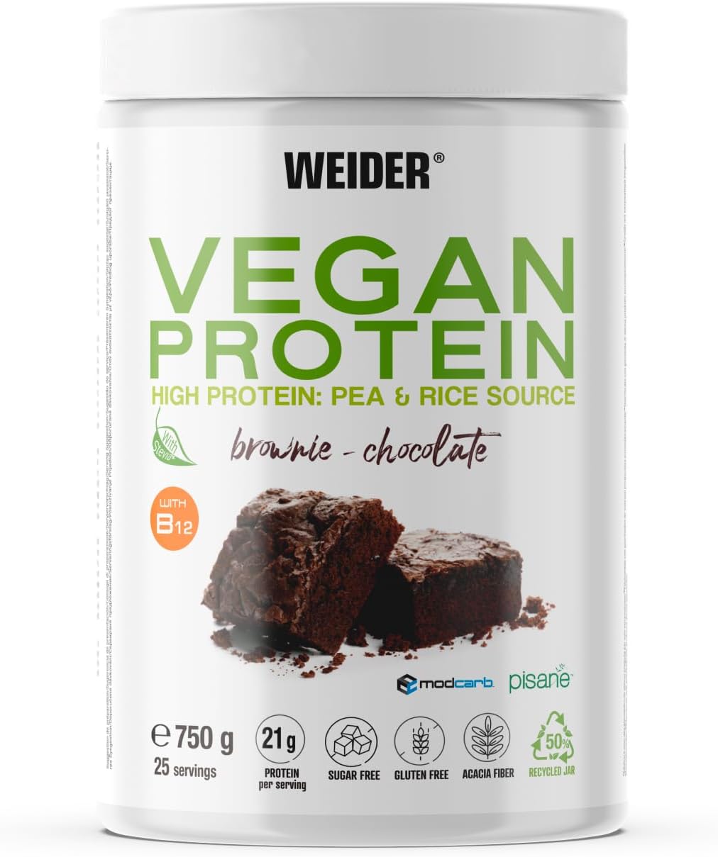 Vegan Protein (750g) Goût Brownie-Choco - Protéines 100% Vegetal 21g/dose, Pois (Isolat Pisane) & Riz - Avec Vitamine B12 & Stevia - Sans Gluten, Sans Sucre - Emballage 50% Recyclé, 100% Recyclable NOUVEAU - BROWNIE CHOCOLAT 750g
