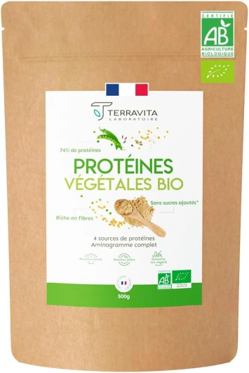 Protéines Végétales BIO - 4 Sources : Aminogramme Complet - Idéale en Shaker ou Recette - Mélange Onctueux sans Grumeaux - 500g Goût Neutre - Sans Excipients & Vegan - Made in France - Terravita