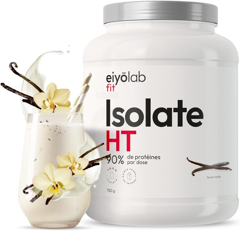 ISOLATE HT - Isolat de Protéines en Poudre - Jusqu’à 90% de Protéines - Riche en BCAA + Glutamine - Proteine Musculation Rapide - Texture Onctueuse Goût Vanille - Faible en Lactose - 750g - Eiyolab Vanille 750g