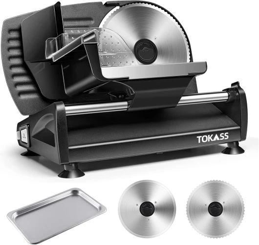 Trancheuse Electrique 200W à Jambon et Saucisson, 2 Lames Détachable de 19 cm, 0-15 d'épaisseur Précise, Commutateur de Rainure pour Utilisation Sûre, Pour Pain, Jambon, Fromage et Viande, Argent 200 Watts - 2 Lames - Noir