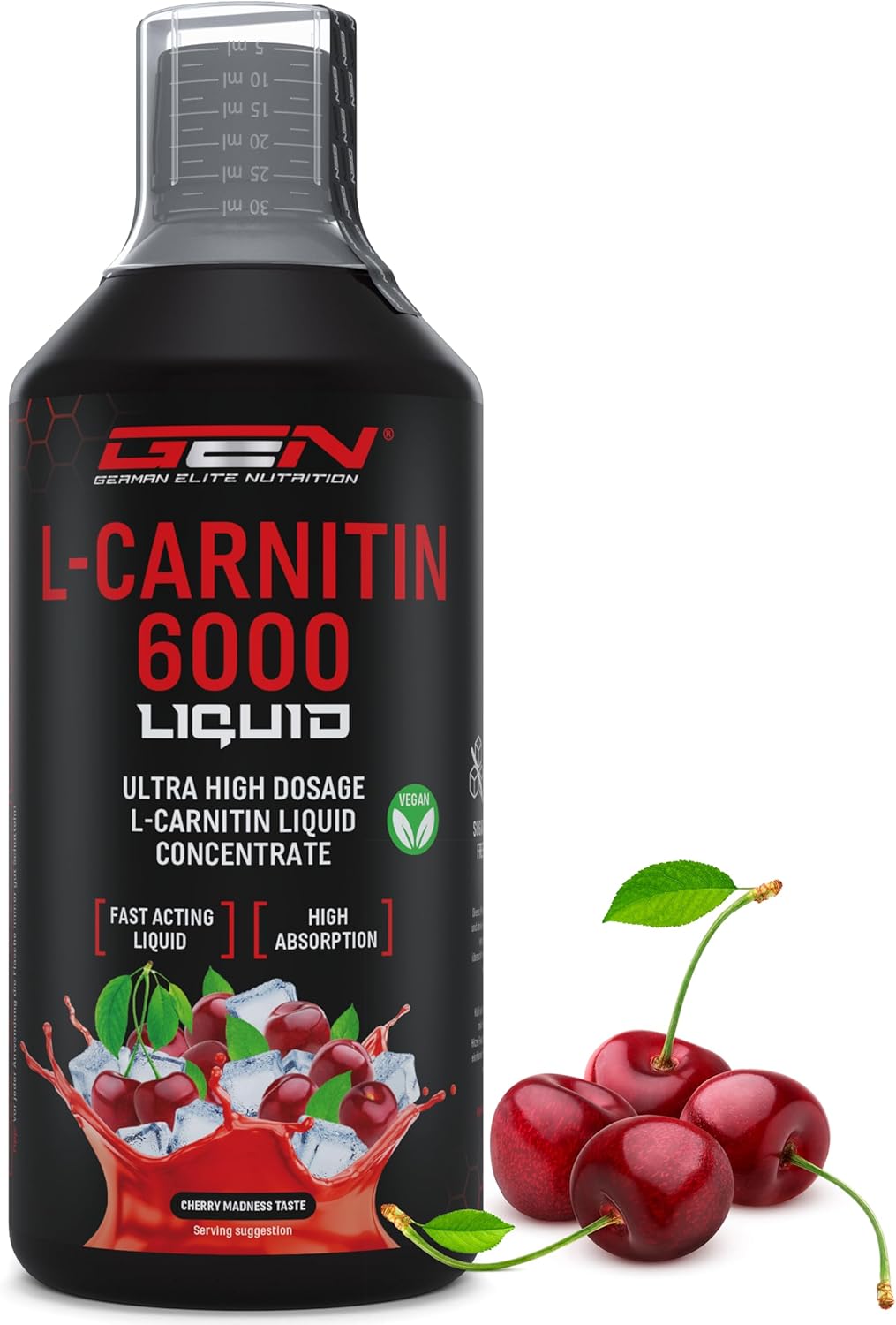 L-Carnitine 6000 Liquid - 1000 ml - Dosage extra élevé avec 6000 mg de L-carnitine pure par portion journalière - Boisson protéinée à base d'acides aminés - Saveur délicieuse (Cherry Madness) - Vegan