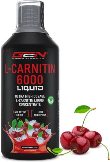 L-Carnitine 6000 Liquid - 1000 ml - Dosage extra élevé avec 6000 mg de L-carnitine pure par portion journalière - Boisson protéinée à base d'acides aminés - Saveur délicieuse (Cherry Madness) - Vegan