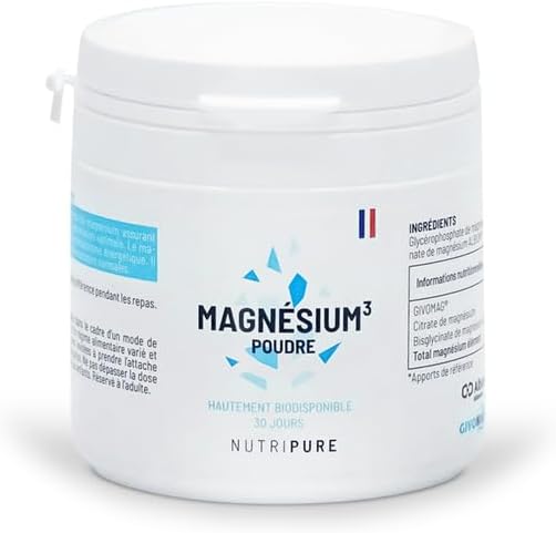 Magnésium³ Poudre - 3 types de Magnésium: Bisglycinate, Citrate, Glycérophosphate - Stress & Fatigue - Fortement Biodisponible - 30 Jours - Made in France