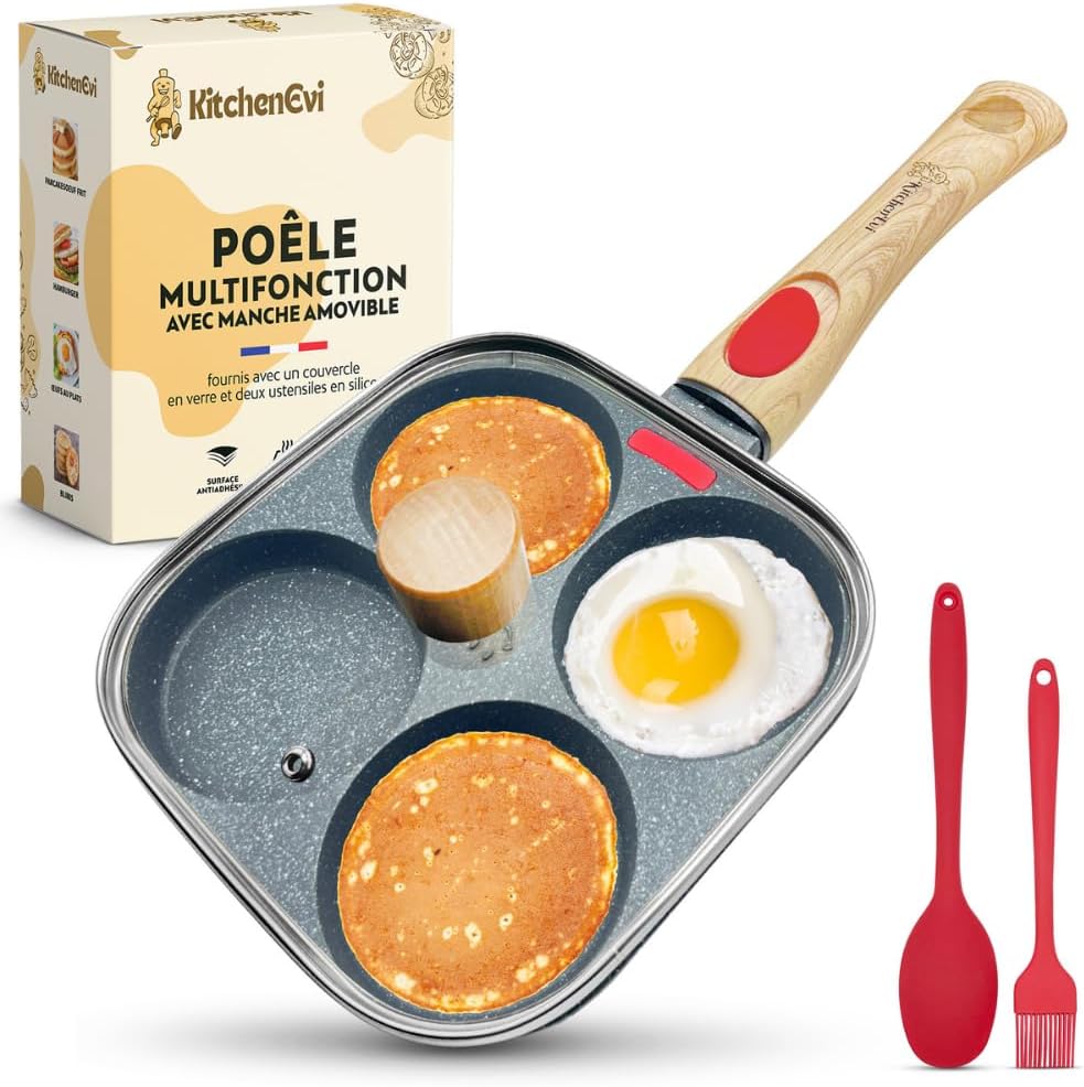 KitchenEvi Poêle à Pancakes Induction Antiadhésive – Manche Amovible, Couvercle en Verre, Spatules – Idéale pour Œufs, Crêpes, Blinis – 4 compartiments - Sans PFOA