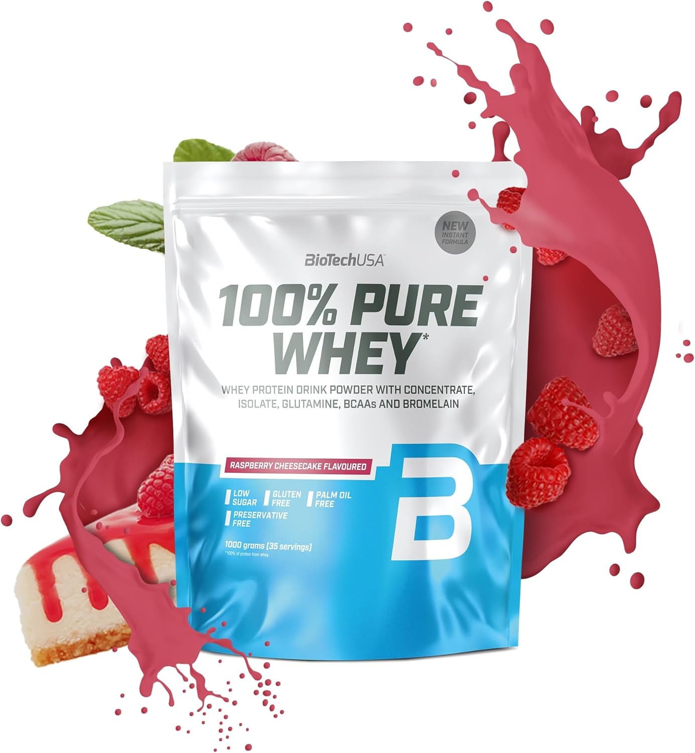 100% Pure Whey - Poudre de protéines avec BCAA et Glutamine - Sans gluten, sans huile de palme - 21g de protéines par portion, 1 kg, Cheescake aux frambois Cheescake aux frambois One size
