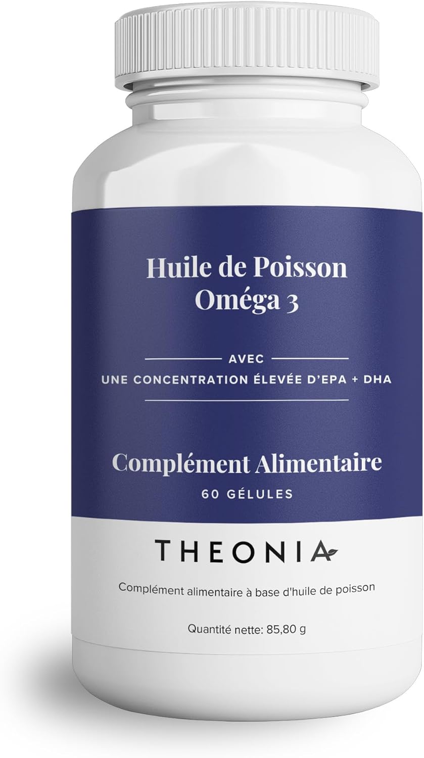 Huile de poisson Oméga 3 Pure 2000 mg avec Vitamine E de Theonia - Soutient le cœur, les articulations, l’activité cérébrale et le système immunitaire – Pour hommes et femmes – 60 capsules, sans OGM