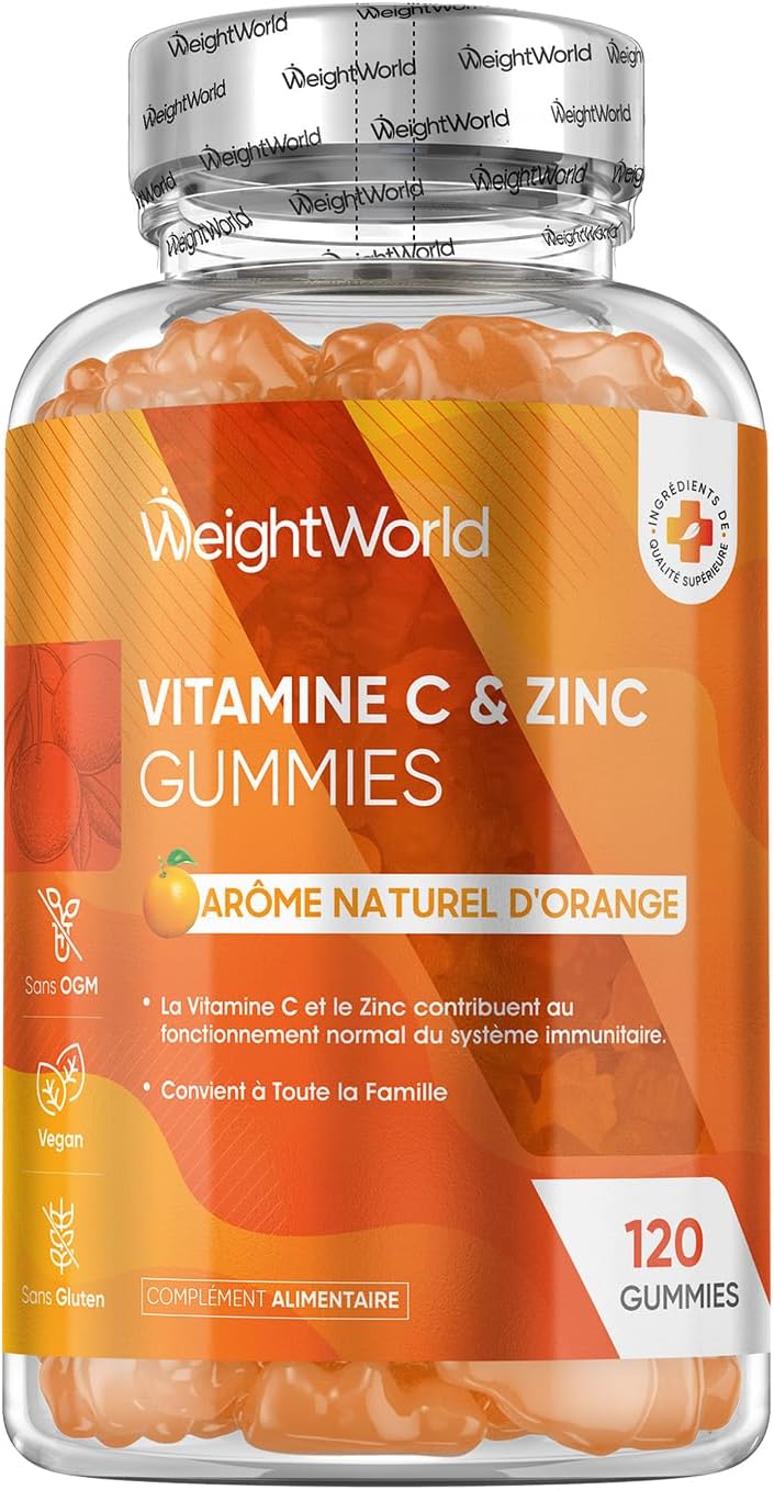 Vitamine C Gummies avec Zinc, 120 Gommes Vegan, pour Adultes et Enfants dès 3 Ans à l'Arôme Naturel d'Orange, 200mg Vit C Acide Ascorbique et 6mg Zinc Alternative aux Gélules et Comprimés