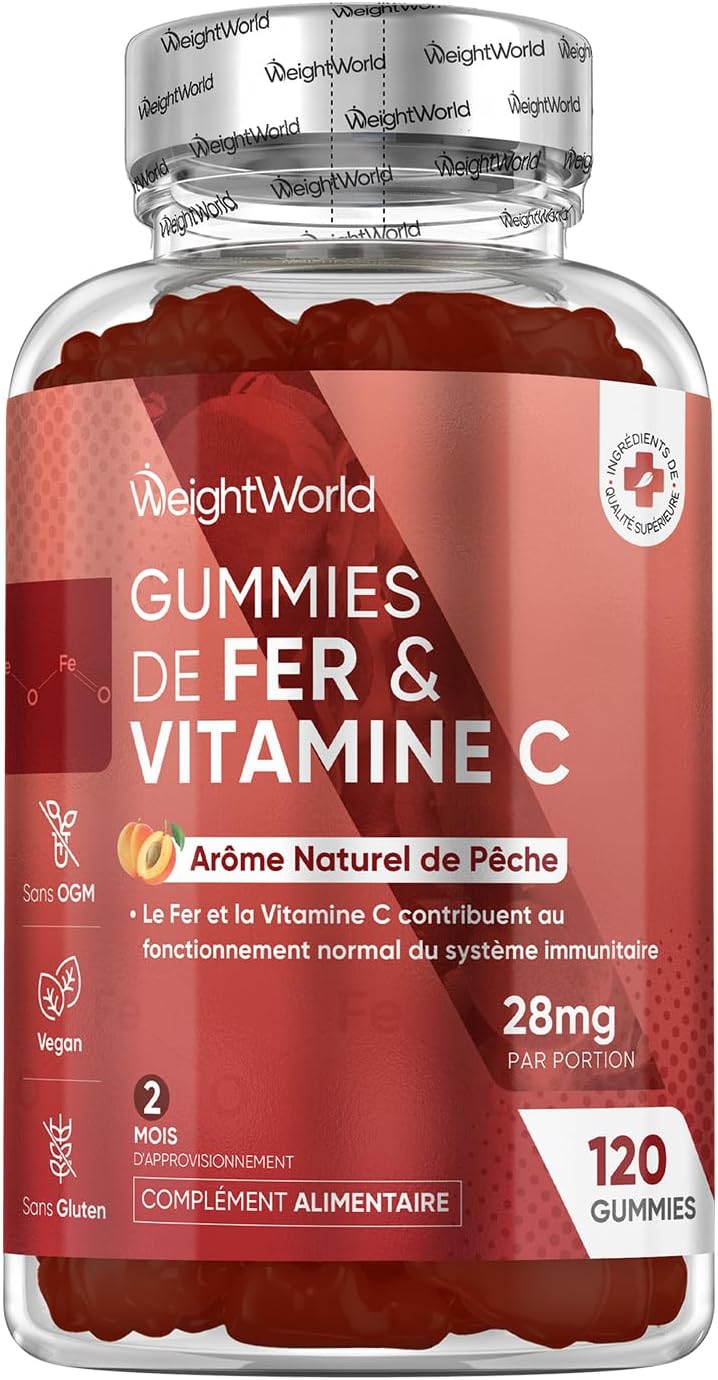 Fer Gummies & Vitamine C - 120 Gommes Vegan (4 Mois), Alternative aux Comprimés, Gummies Vitamine C (sous forme d'Acide L- Ascorbique) avec Fer, Goût Naturel de Pêche, sans OGM, sans Gluten