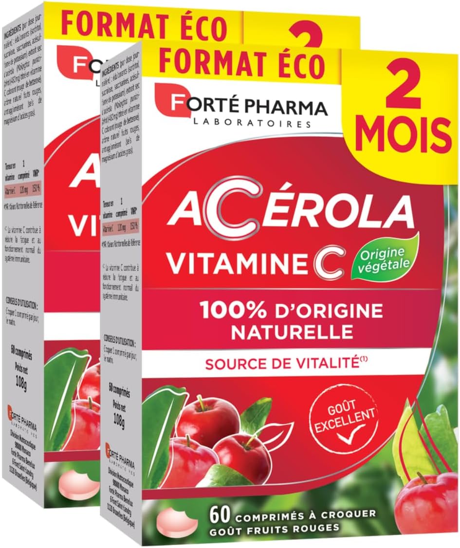 Acerola - Vitamine C Naturelle à Croquer - Complément Alimentaire Vitalité - Anti fatigue, Système immunitaire renforcé - 2x2 mois - 120 comprimés, 1/jour - goût fruits rouges Acérola Vitamine C à croquer 4 mois