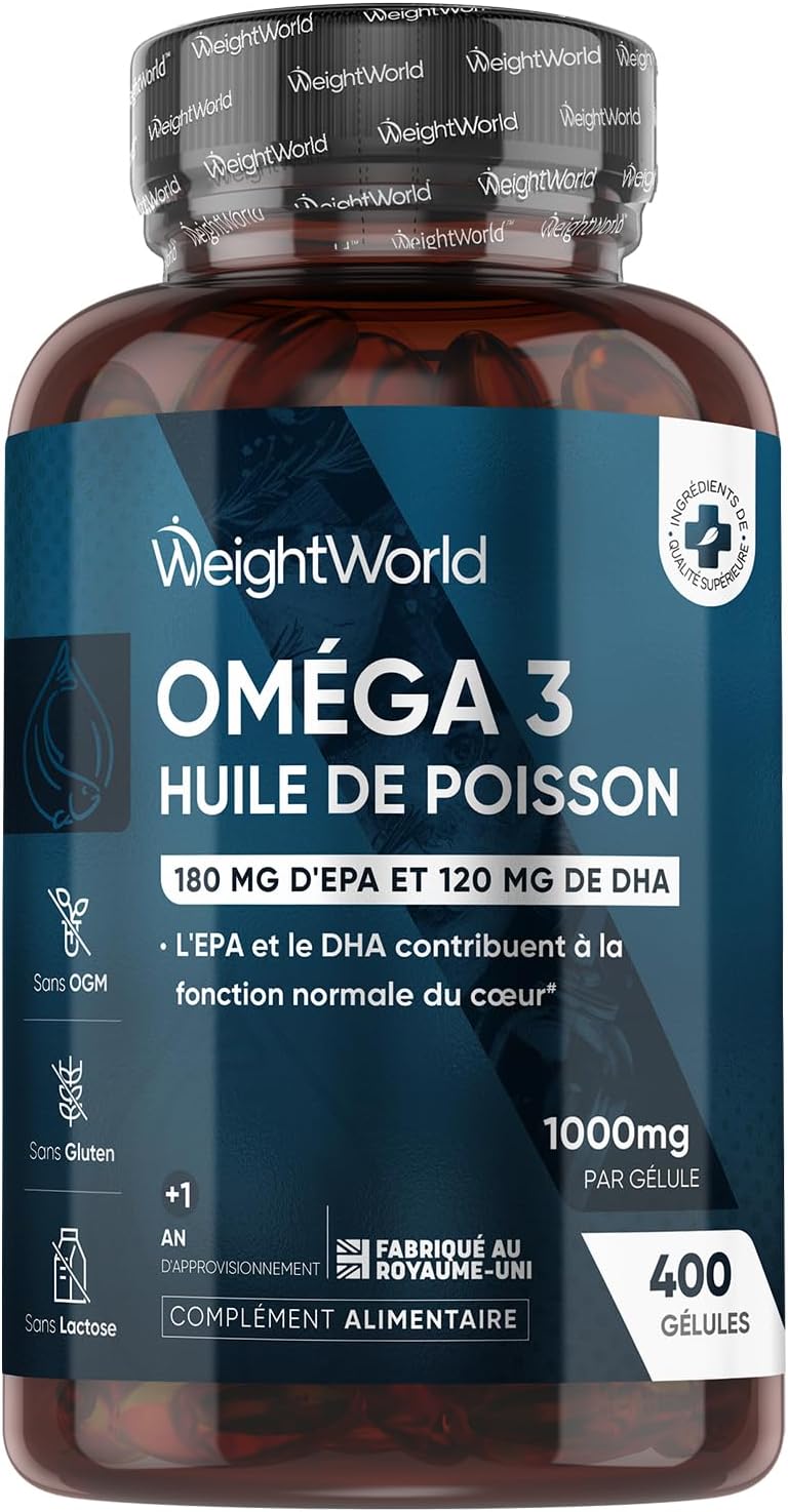 Oméga 3 Huile de Poisson 400 Gélules pour +1 An d'Apport, Fish Oil Omega 3 EPA DHA sans Odeur, Selon l'EFSA, l'EPA et le DHA Contribuent au Fonctionnement Normal du Cœur, Enrichi en Vitamine E