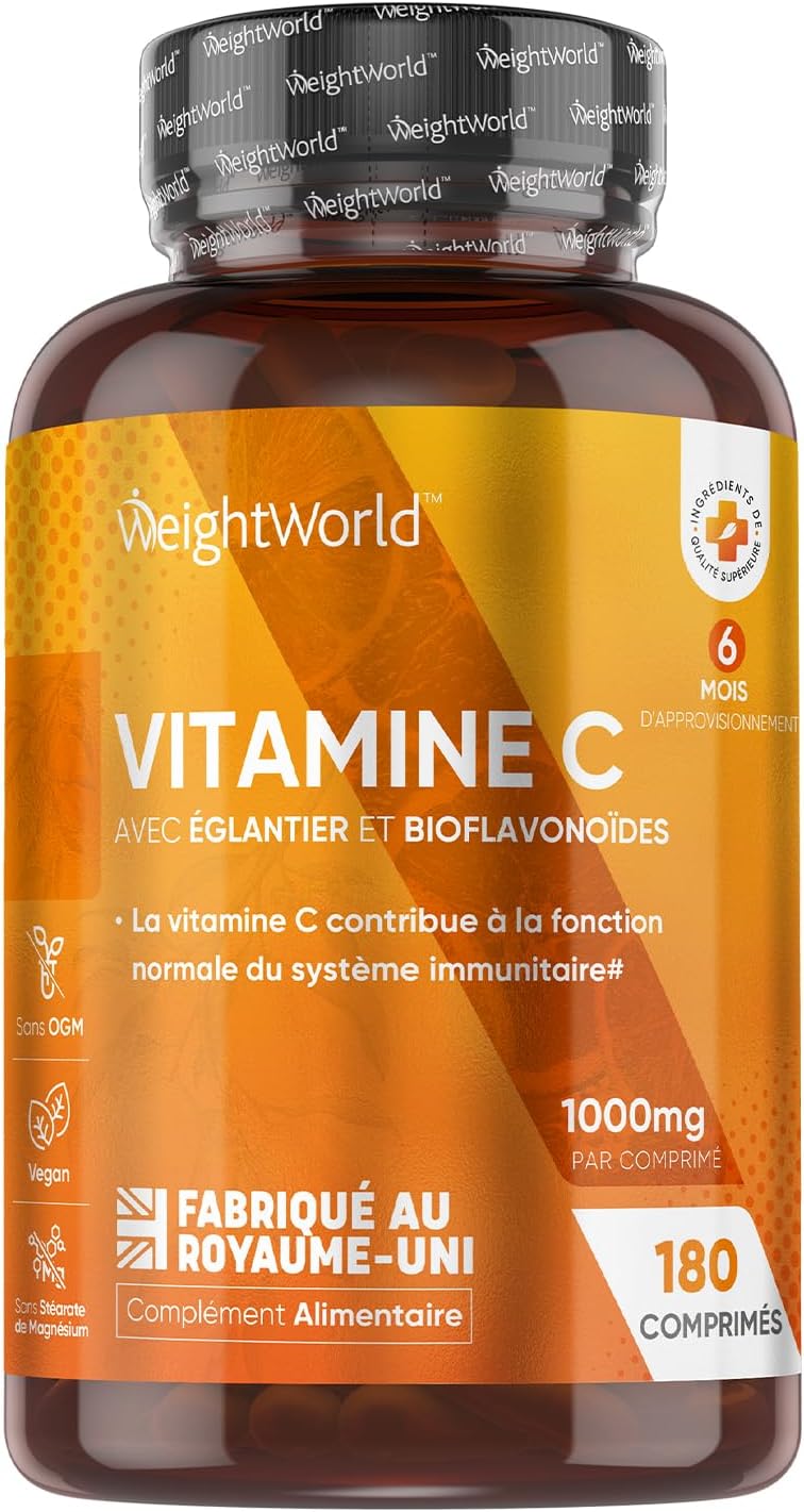 Vitamine C 1000mg Avec Cynorhodons Églantier et Bioflavonoïdes, Vit C Acide L Ascorbique, Vitamines Adultes 180 Comprimés Vegan Cassables Pour 6 Mois d'Approvisionnement