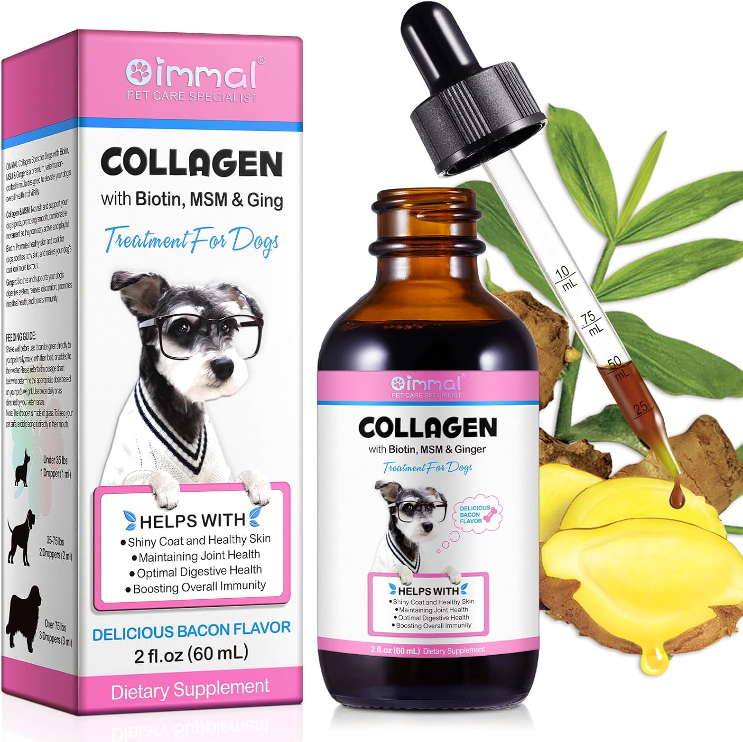 JSBNQRMZ Collagène Liquide pour Chien 60ml - Complément Alimentaire pour Articulations, Pelage & Digestion - avec Biotine, MSM et Gingembre - Formule Vétérinaire, Absorption Optimale
