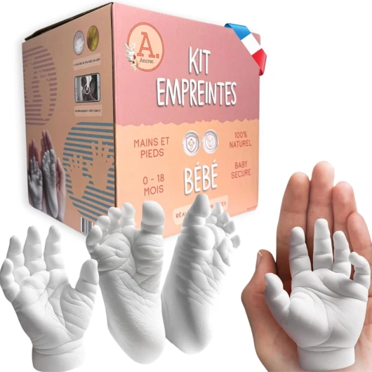 Kits de Moulage Bébé - 100% Artisanat Français - 4 Empreinte Main Pied bebe - Cadeau Naissance - Naturel Hypoallergénique - Cadeau Souvenir Bebe - Made in France - Marque ANCRER® 4 Empreintes