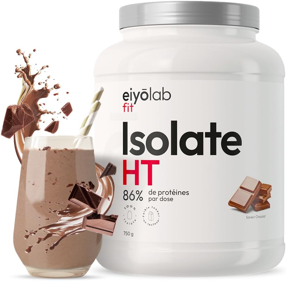 ISOLATE HT - Isolat de Protéines en Poudre - Jusqu’à 90% de Protéines - Riche en BCAA + Glutamine - Proteine Musculation Rapide - Texture Onctueuse Goût Chocolat - Faible en Lactose - 750g - Eiyolab Chocolat 750g