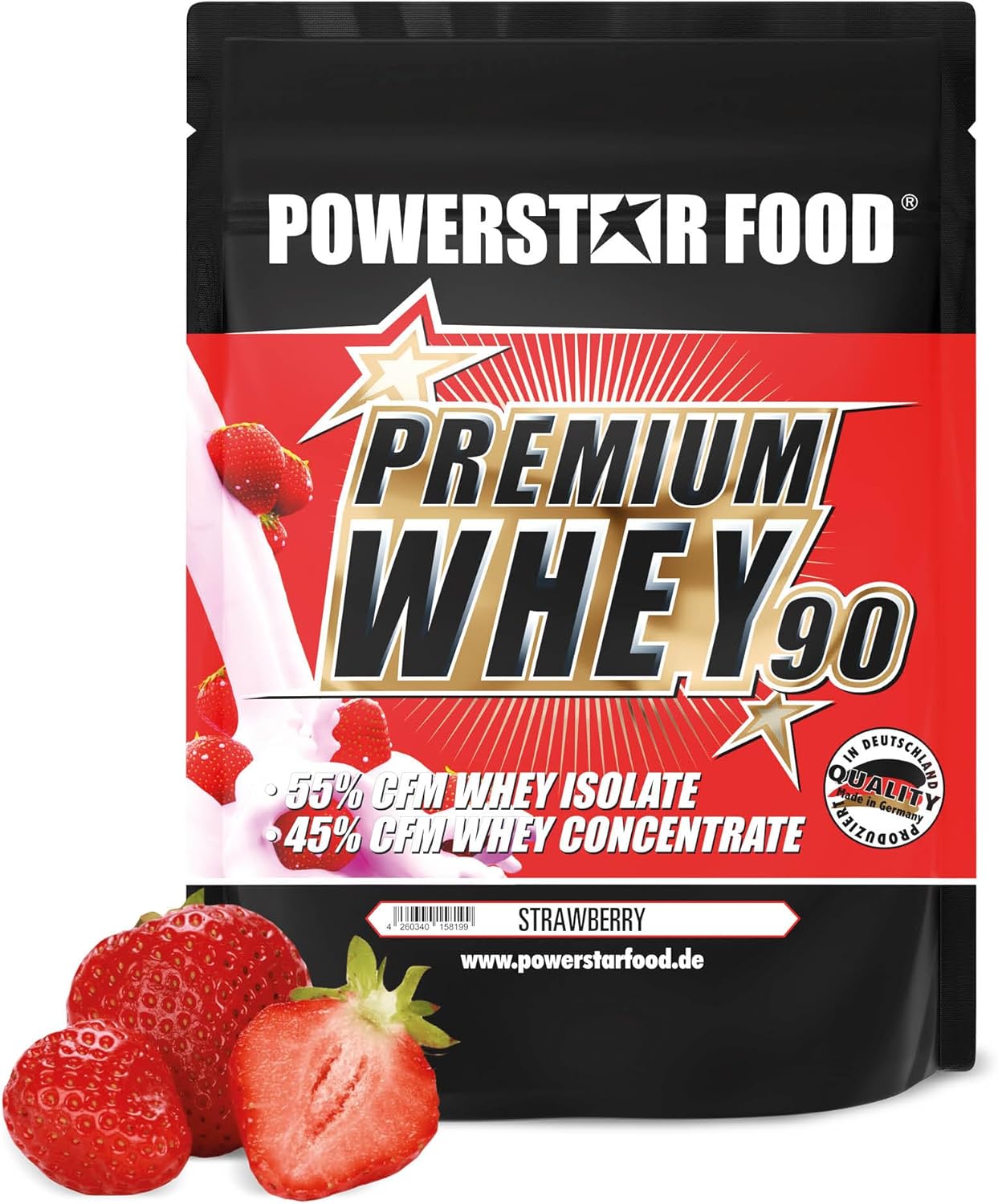 Powerstar PREMIUM WHEY 90 Poudre de Protéine 850 g - 81% Protéine - Whey Protein Powder - Produit en Allemagne - 55% Isolat de Whey CFM & 45% Concentrat CFM - Riche en EAA & BCAA - Strawberry Fraise 850 g (Lot de 1)