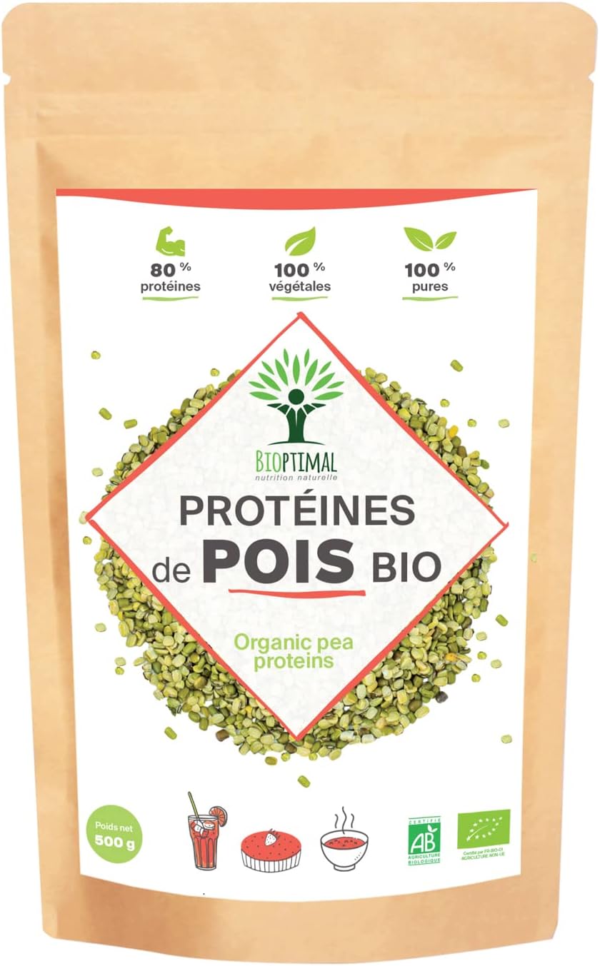 Protéine de Pois Bio - Bioptimal - 80% Protéines - 12% BCAA - Haute Digestibilité - Energie Sport Musculation - Poudre de Pois Jaune - 100% Pur - Conditionné en France - Certifié Ecocert - 500 g Goût neutre 500 g (Lot de 1)
