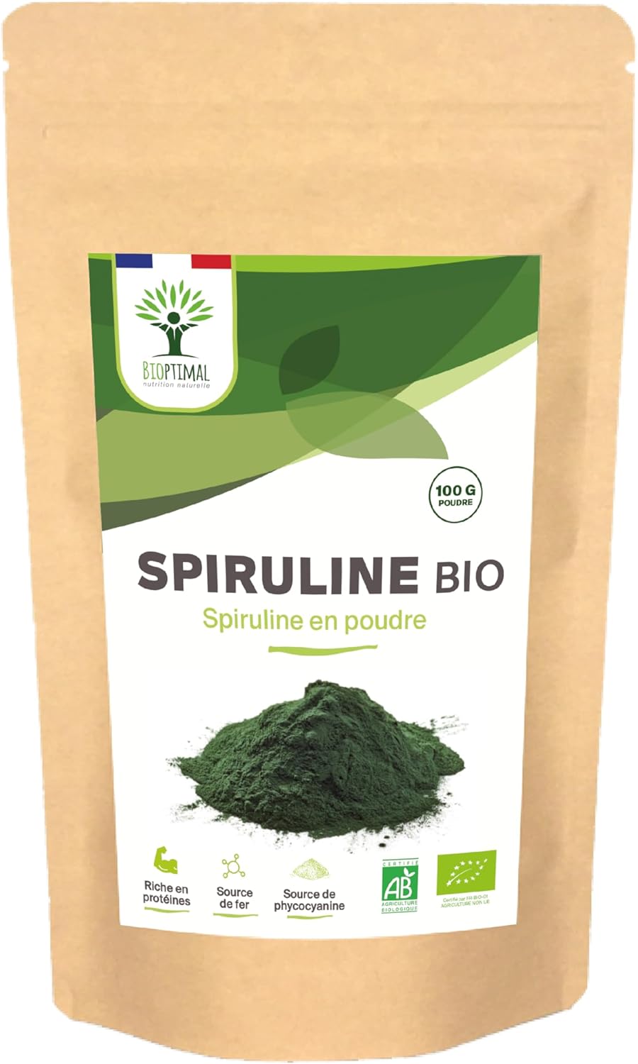 Spiruline Bio - 65% Protéines 14% BCAA 17% Phycocyanine Fer - Energie Sport Immunité - 100% Pure en Poudre - Bioptimal Marque Française -Conditionné en France - Certifié Ecocert - 100 g 100 g (Lot de 1)