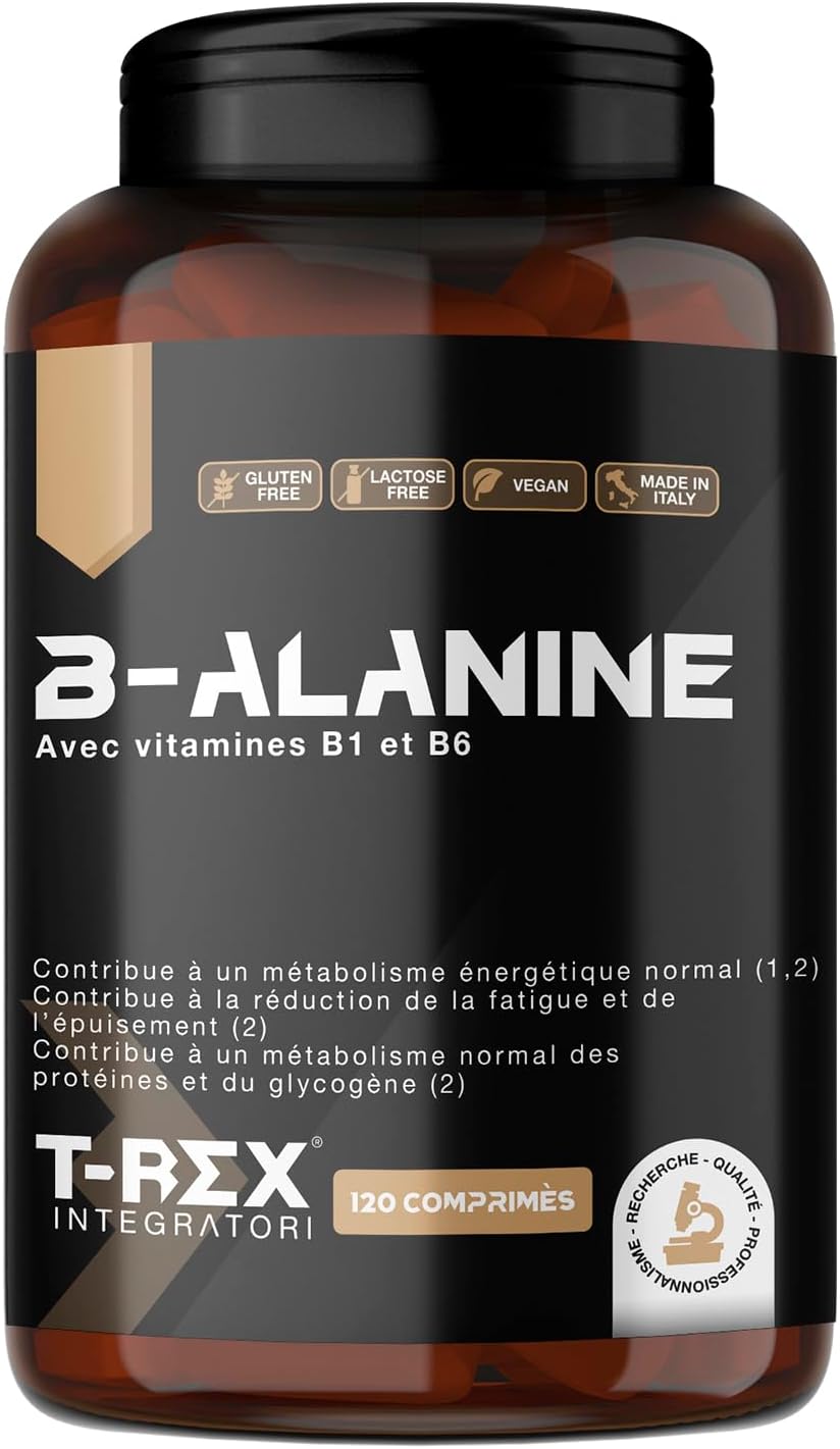 Bêta-Alanine 1000mg 120 comprimés de 1300 mg avec vitamines B1-B6-E - Complément Alimentaire à base d'Acides Aminés B-Alanine, Récupération Musculaire Post-Entraînement Puissante