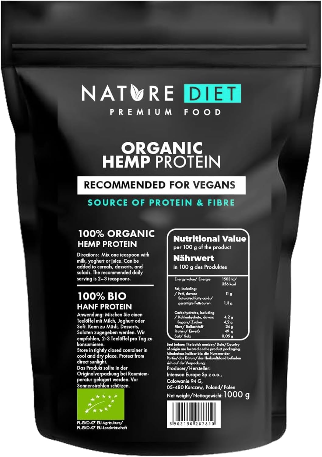 Protéine de Chanvre Bio 1000g - Végétalien - Poudre de protéine - À base de plantes
