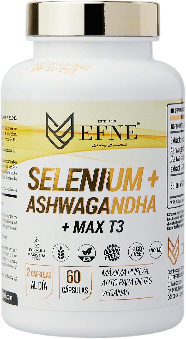 EFNE - Sélénium + Ashwagandha KSM-66 + MAX T3 - Glande thyroïde et métaux lourds - Formule principale 400 mg d'Ashwagandha KSM-66 + 100 mcg de sélénium - 60 Gélules 100% végétalien