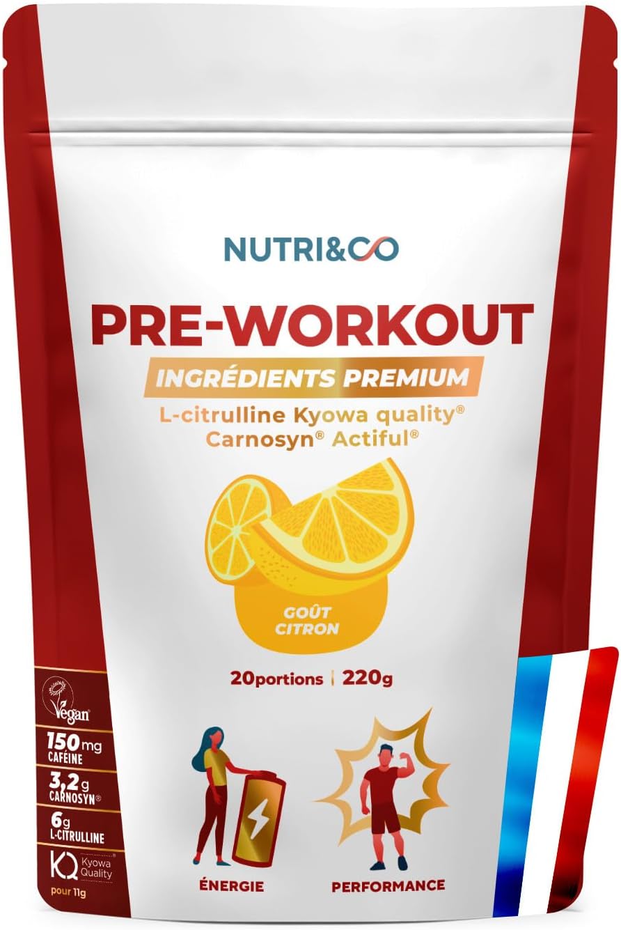 NUTRI & CO Pre-Workout en Poudre Qualité Prémium - Boisson Énergisante avec L-Citrulline KyowaQuality®, Bêta-Alanine Carnosyn® et Caféine - 220g goût Citron - Vegan - Fabriqué en France