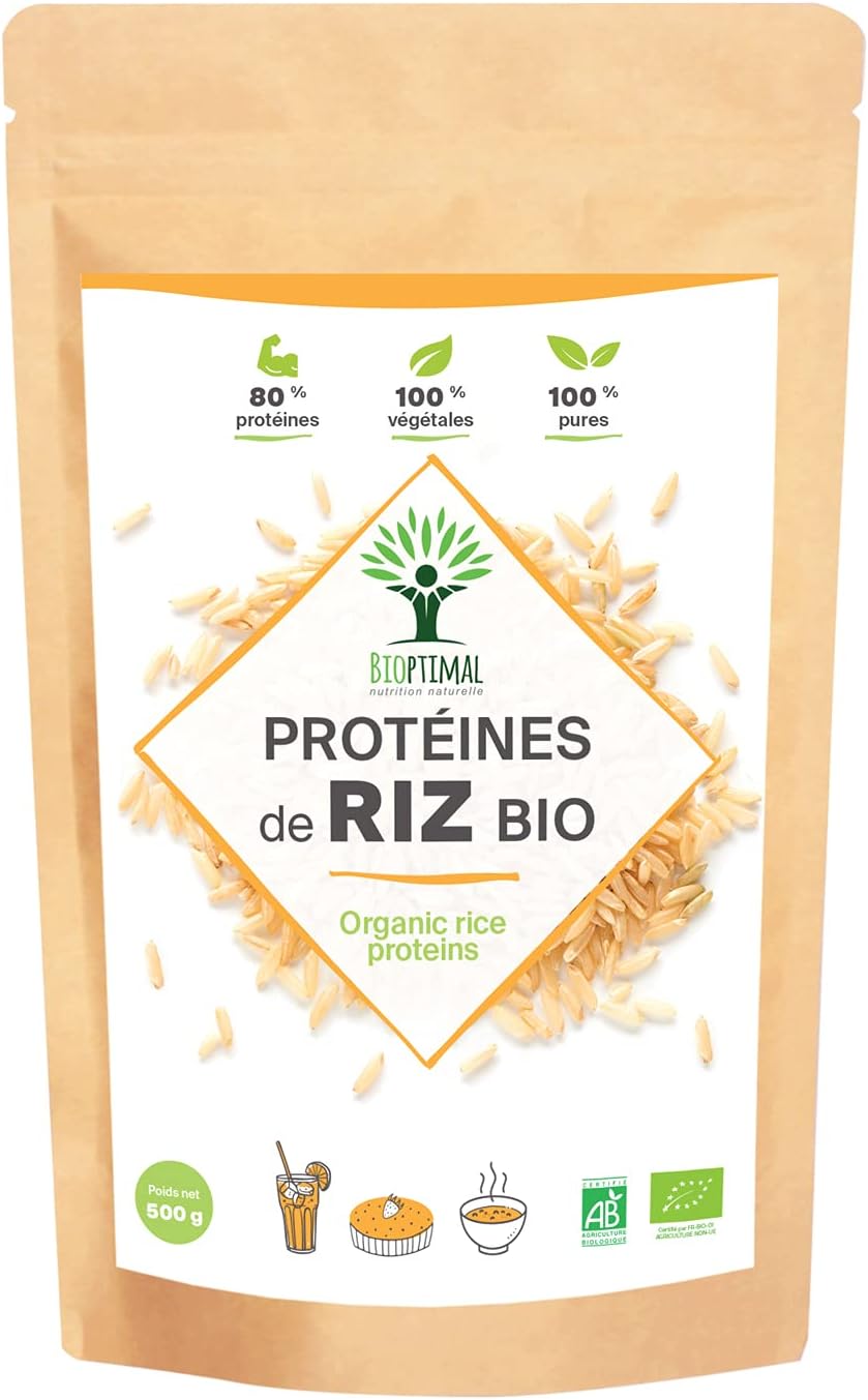 Protéine de Riz Bio - Bioptimal - 80% de Protéines - 12% de BCAA - Energie Sport Musculation - Poudre de Riz Brun Germé - 100% Pur - Whey Végétale - Conditionné en France - Certifié Ecocert - 500g Brun 500 g (Lot de 1)
