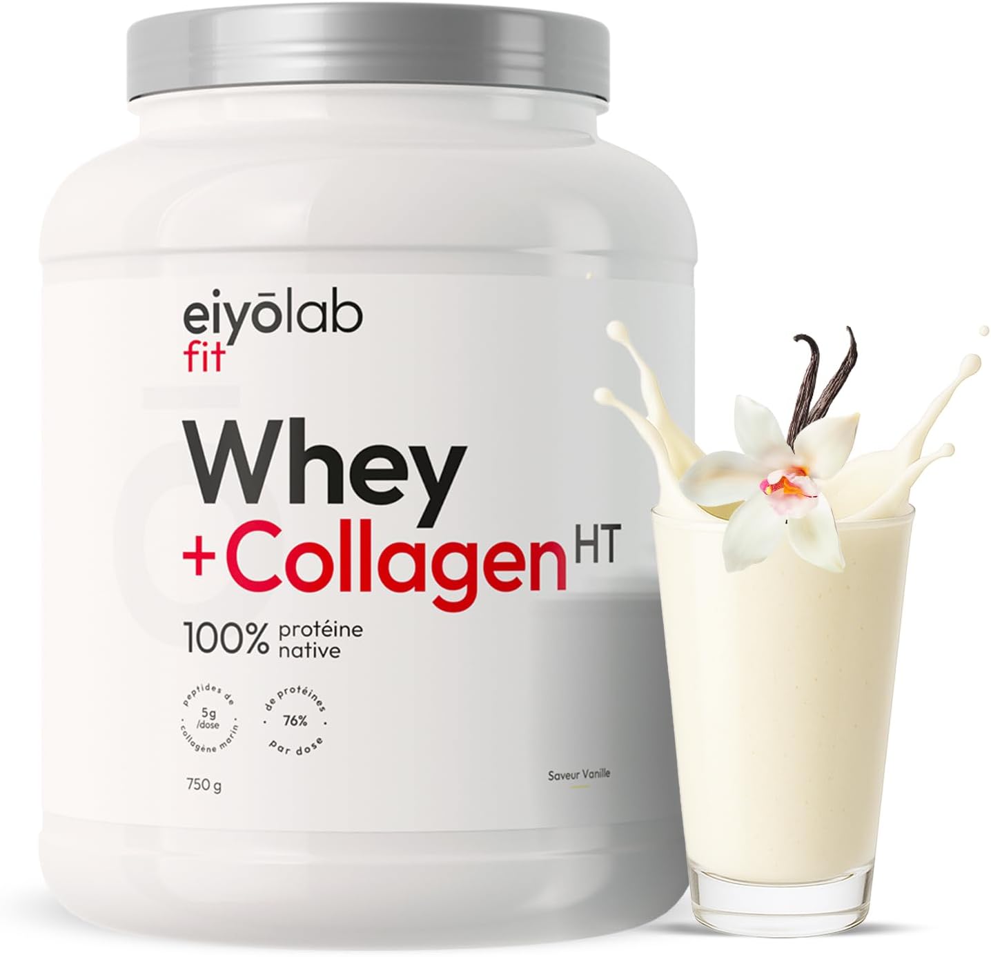 WHEY + COLLAGÈNE HT - Protéine Native - Peptides de Collagène Hydrolysé 2000 Da - Riche en BCAA - Construction de la masse musculaire - Entretien des Articulations - Saveur Vanille - 750g - Eiyolab Vanille 750 g