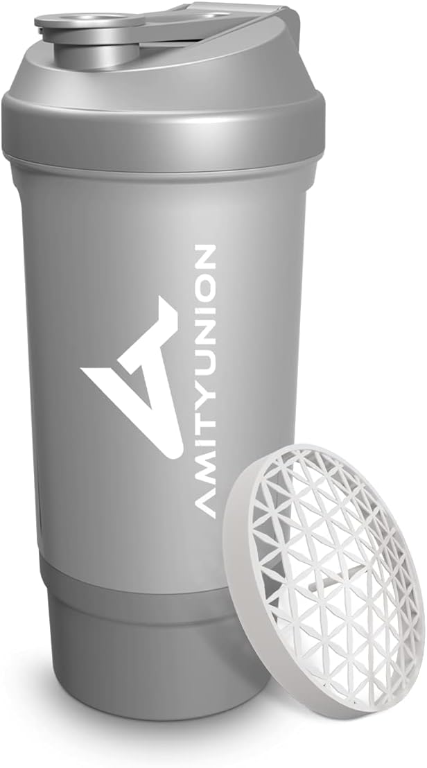 AMITYUNION Shaker à protéines 700 ml FYRA étanche - sans BPA avec compartiment à poudre, tamis et balance pour shakes crémeux, tasses, shakers pour isolants et concentrés Iso Sport, Argent