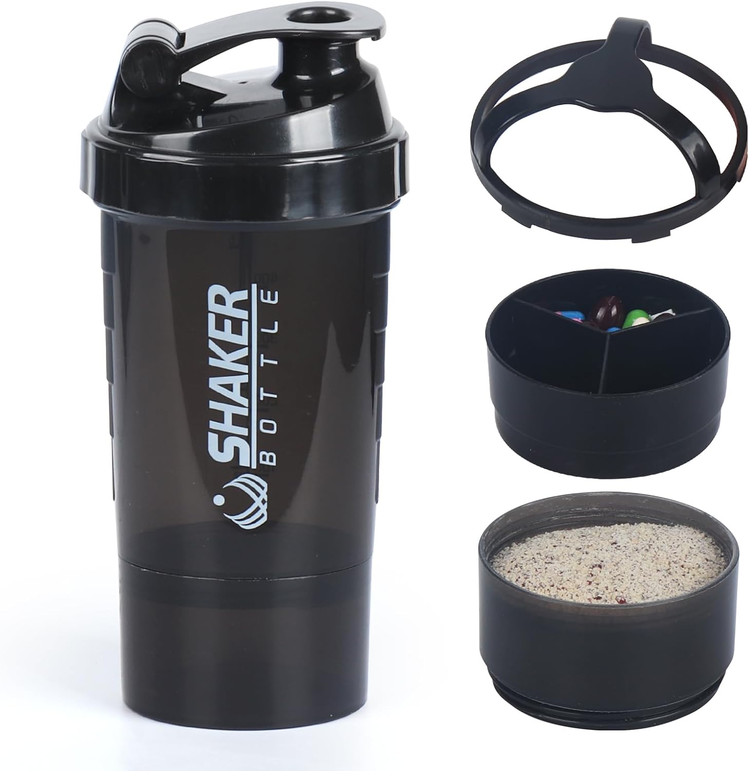 XTKS Shaker à Protéines 500ml (16oz) - Shaker Proteine avec compartiment - Bouteille Mélangeuse Anti-Fuite, Boule Inoxydable - Idéal pour Shakes, Smoothies - Sans BPA,Lave-Vaisselle (noir)