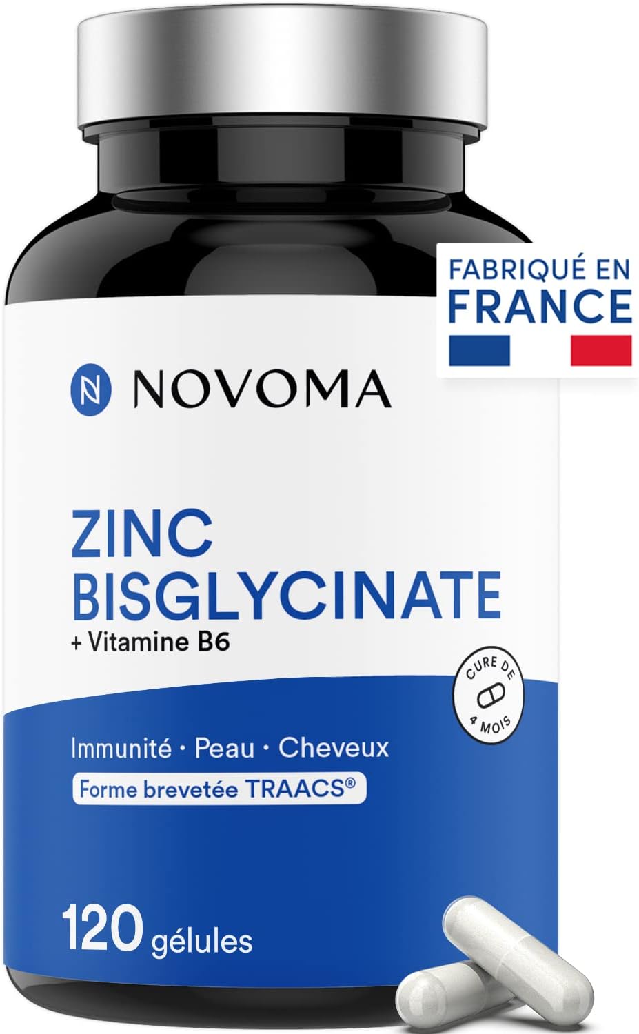 Zinc Bisglycinate 15 mg + Vitamine B6, 120 Gélules, Actif breveté TRAACS®, Immunité & Acné, Fabriqué en France