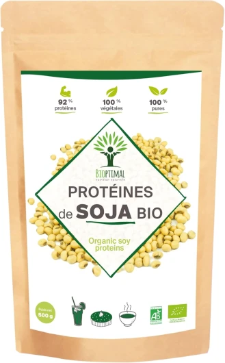 Protéine de Soja Bio - Bioptimal - 92% Protéines 17% BCAA - Haute Digestibilité - Energie Musculation - Poudre de Fève de Soja Biologique - 100% Pur - Conditionné en France - Certifié Ecocert - 500 g Sans saveur 500 g (Lot de 1)