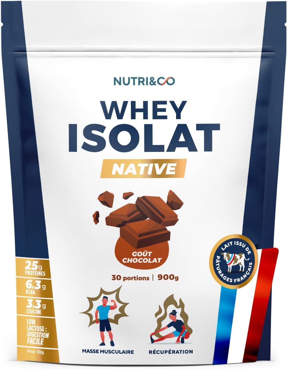 NUTRI & CO Whey Isolate Native - Jusqu’à 94% de Protéines - Pur Lait Français Low Lactose Digestion Facile - Riche en BCAA - Prise de Masse & Musculation - 900gr 30 portions goût Chocolat