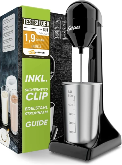 Liebfeld Shaker à protéines électrique – Mixeur plongeant avec gobelet en acier inoxydable de 500 ml – Shake protéiné et milkshake, fitness, blanc d'œuf, mixeur à smoothie, mixeur à smoothie Noir
