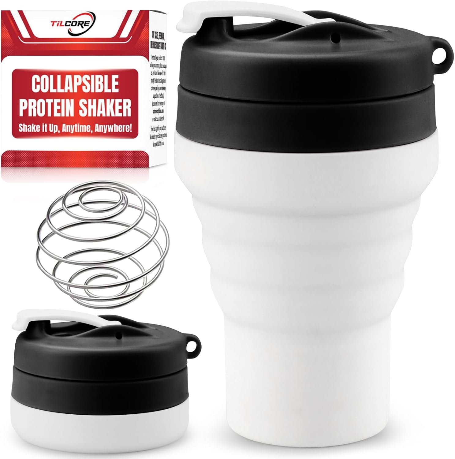 Tilcore Shaker de Protéines Pliable et Bouteille d'eau Qualité Alimentaire, Couvercle Etanche de 600 ml / 20 oz - Gobelets Mélangeurs Réutilisables pour Protéines avec Bille de Mélange Black