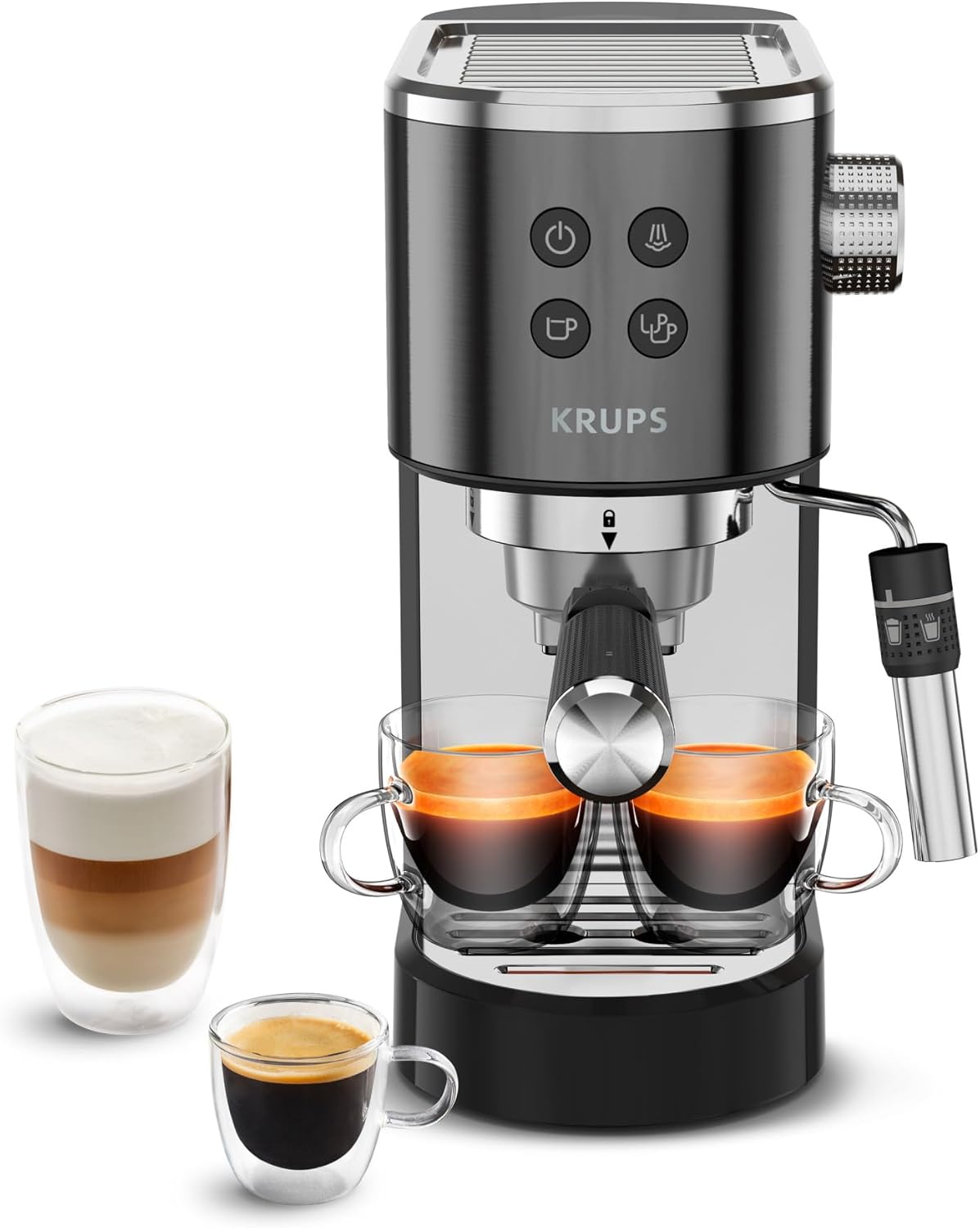 Virtuoso+, Machine expresso, Machine a cafe à pompe, expresso machine a cafe moulu ou dosettes, 15 bars, Inox, Buse vapeur, Espresso et cappuccino, XP444G10, Acier Noir Acier Noir Barista Simple