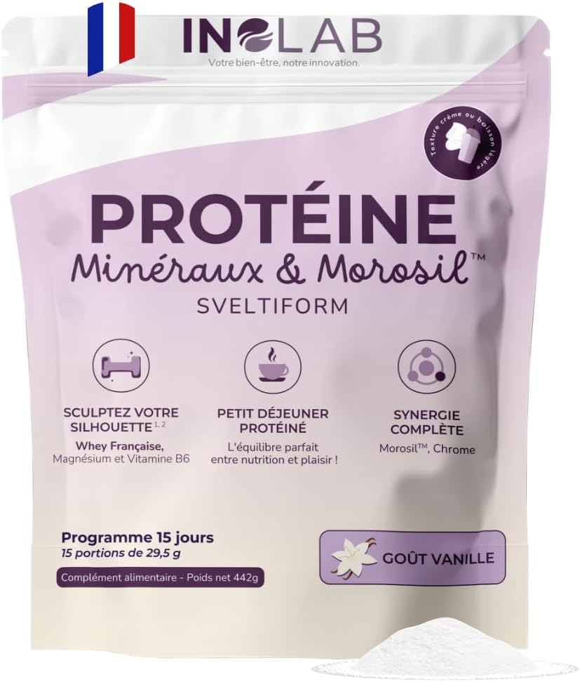 INOLAB Protéine Minceur 360 - Pure Whey Isolate + Morosil + Magnésium B6 + Chrome +Acérola - Musculation + perte de poids + Énergie - 15 encas vanille gourmand