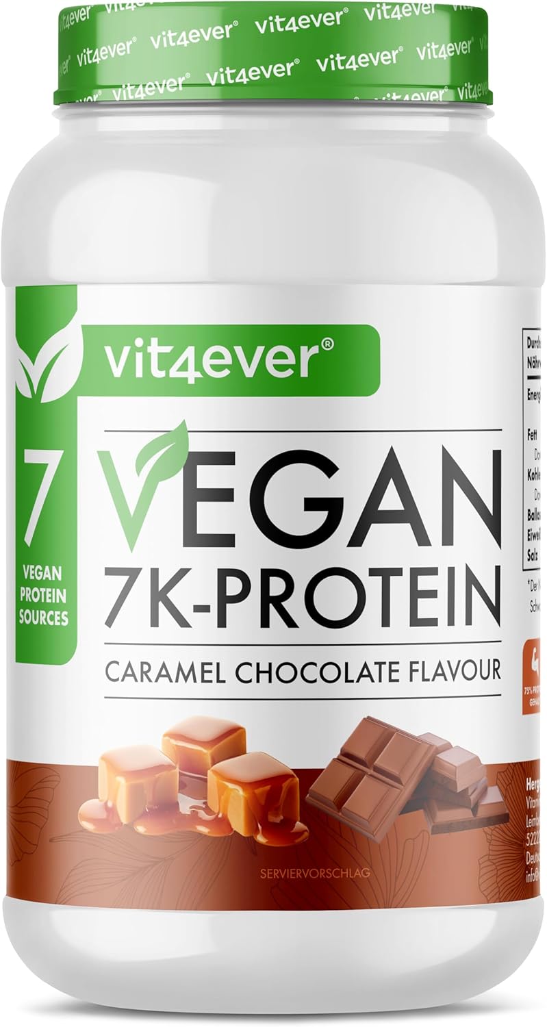 Vegan 7K Protein - 1kg - Caramel Chocolate - Poudre de Protéine Purement Végétale avec des Protéines de Riz, d'Amande, de Soja, de Pois, de Chanvre, de Canneberge et de Tournesol - Chocolat au Caramel