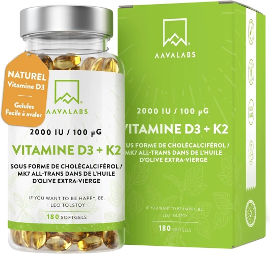 Vitamine D3 K2 avec de l'Huile d’Olive Vierge - Vitamine D3 2000 UI et Vitamine K2 MK7 100 μg pour Os, Muscles, Système Immunitaire - Vitamine D Vitamine K sans OGM, Gluten et Lactose - 180 Gélules
