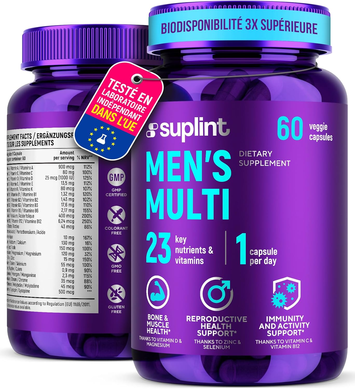 Multivitamines Homme – Complément Alimentaire Complet avec Vitamine A C D E B12, Zinc et Minéraux - Vitamines et Minéraux pour le Bien-Être Masculin - 60 Gélules Sans Gluten, Sans OGM