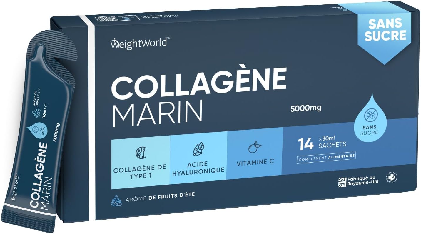 Collagène Marin Hydrolysé Liquide 5000mg/Dose + Acide Hyaluronique & Vitamine C - Immunité, Beauté, Peau & Articulations - Collagène Marin Peptide Type 1 Goût Fruité 420ml (14 Sachets x 30ml)