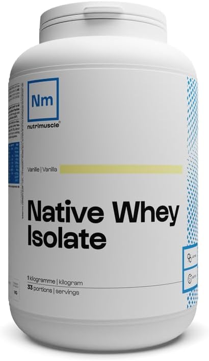 Isolat De Whey Native - 1kg Vanille - Lait Français - Jusqu'à 85% de protéines par dose - Whey Protein - Musculation - Prise de Masse Musculaire - Nutrimuscle Vanille 1 Kg (Lot de 1)