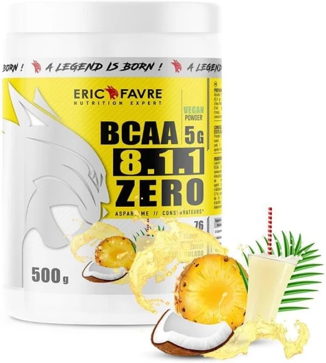 BCAA POUDRE 8.1.1 Zero - Acides Aminés Musculation Vegan - Votre Allié Pour Des Entraînements Efficaces - Performance Accentuée - 500g - Saveur Piña Colada - Eric Favre