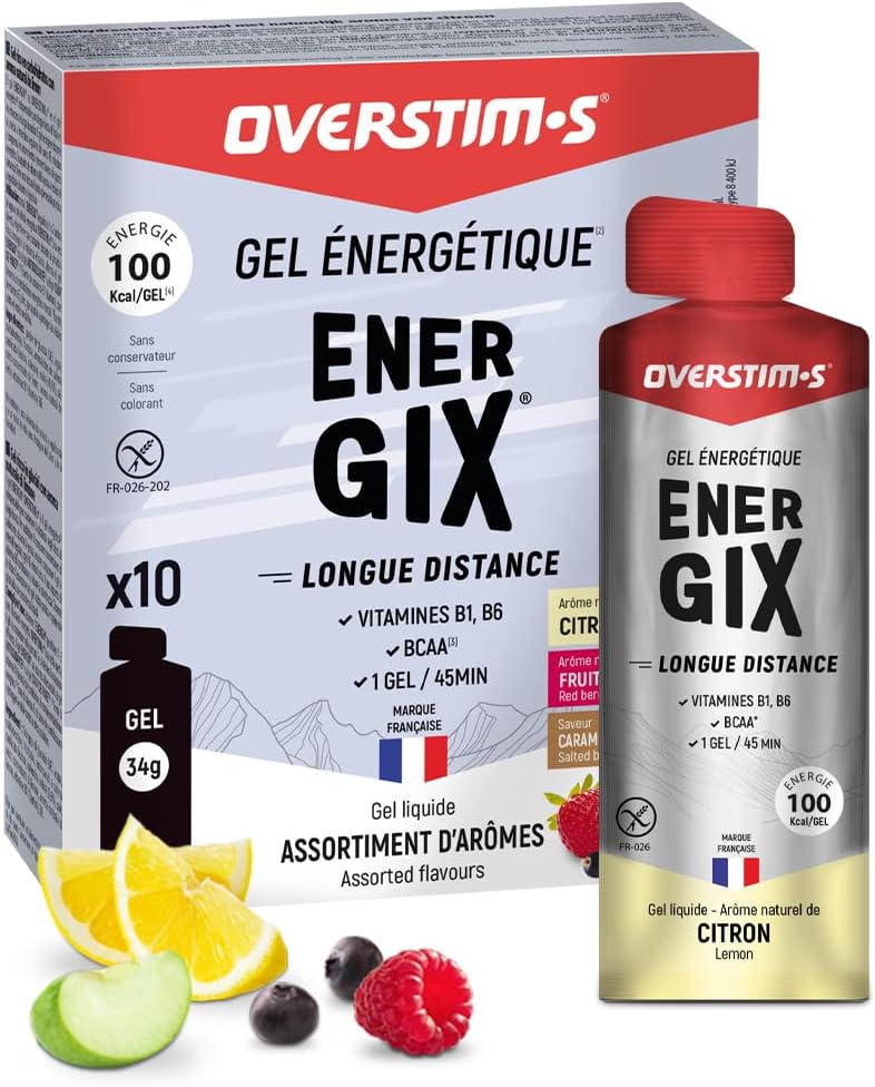 Overstim.s - Gel Energix (10 sachets) - Gel énergétique pour le sport - Energie longue durée (Glucose+Fructose+Maltodextrines) - BCAA - 100 kcal/gel - Assortiment (Citron, Fruits rouges, Caramel salé) Assortiment 10 gels
