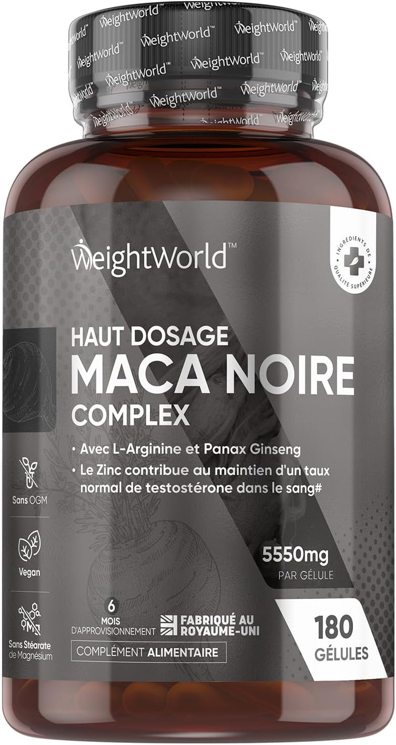 Maca Noire avec Ginseng 5500mg par jour - 180 gélules vegan (6 mois) - Complexe enrichi en Panax Ginseng, L-Arginine, Zinc, Poivre Noir - Extrait de racine de Maca (100:1) - Sans gluten & sans OGM