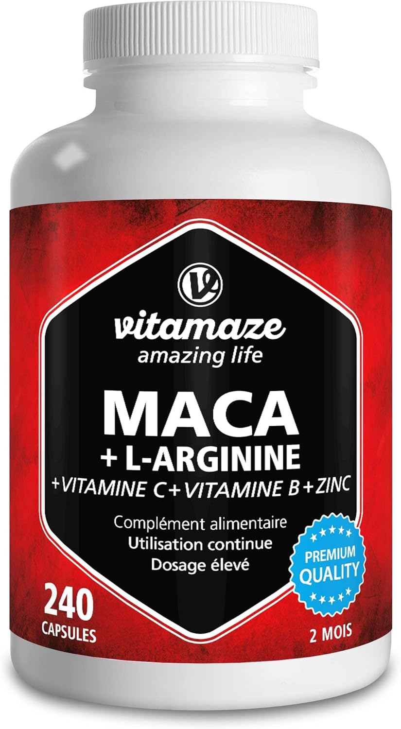 Maca Noire Complexe avec L-Arginine 450mg, Trois types de Maca Andine (Noire, Jaune et Rouge) + Vitamines C et B + Zinc, 240 Gélules, Racine de Péruvienne des Andes, Qualité Allemande, Vitamaze