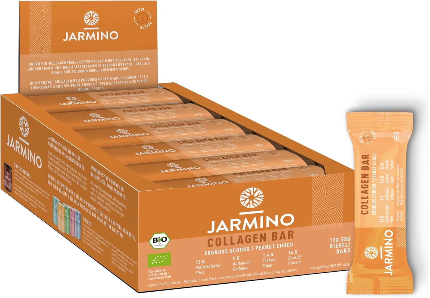 Barre de collagène - High Protein Bar Peanut Chocolate 12x55g - Barre High Protein Low Sugar + sans huile de palme (Cacahuètes) Arachide