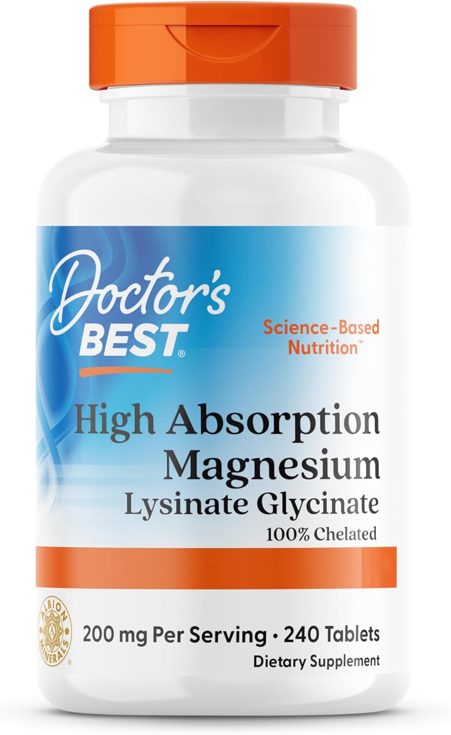 Doctor's Best, High Absorption Magnesium, 100% Chélaté avec TRAACS, avec Glycine et Lysine, 240 Comprimés végétaliens, Testés en Laboratoire, Sans Soja, Sans Gluten, sans OGM
