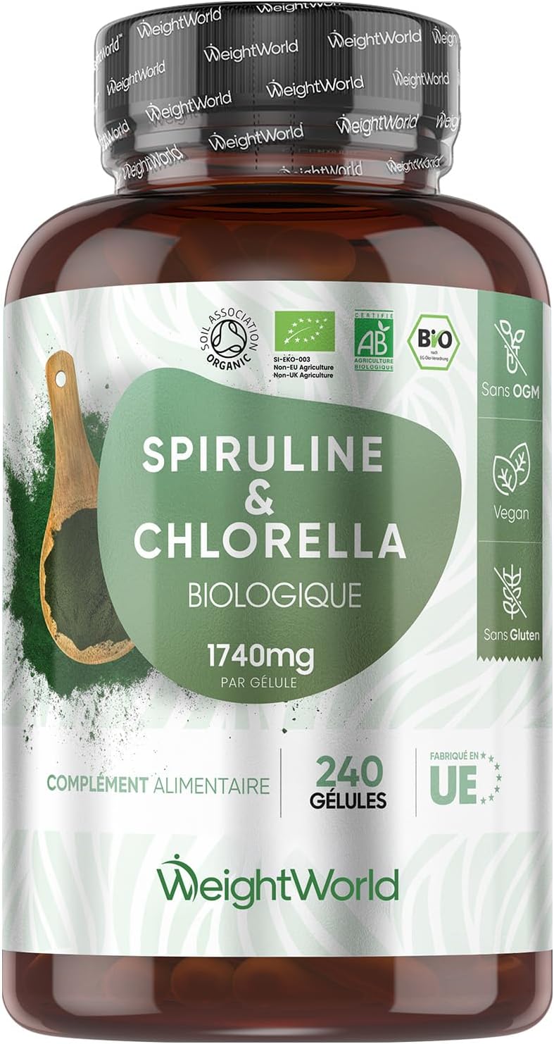 Spiruline Chlorella Bio - 240 Gélules Vegan 1740 mg par Portion, Riches en Protéines, Fer, Vitamines B, Chlorophylle & Acides Gras Essentiels - Oméga 3 & 6, Algues Alimentaires Spiruline & Chlorelle